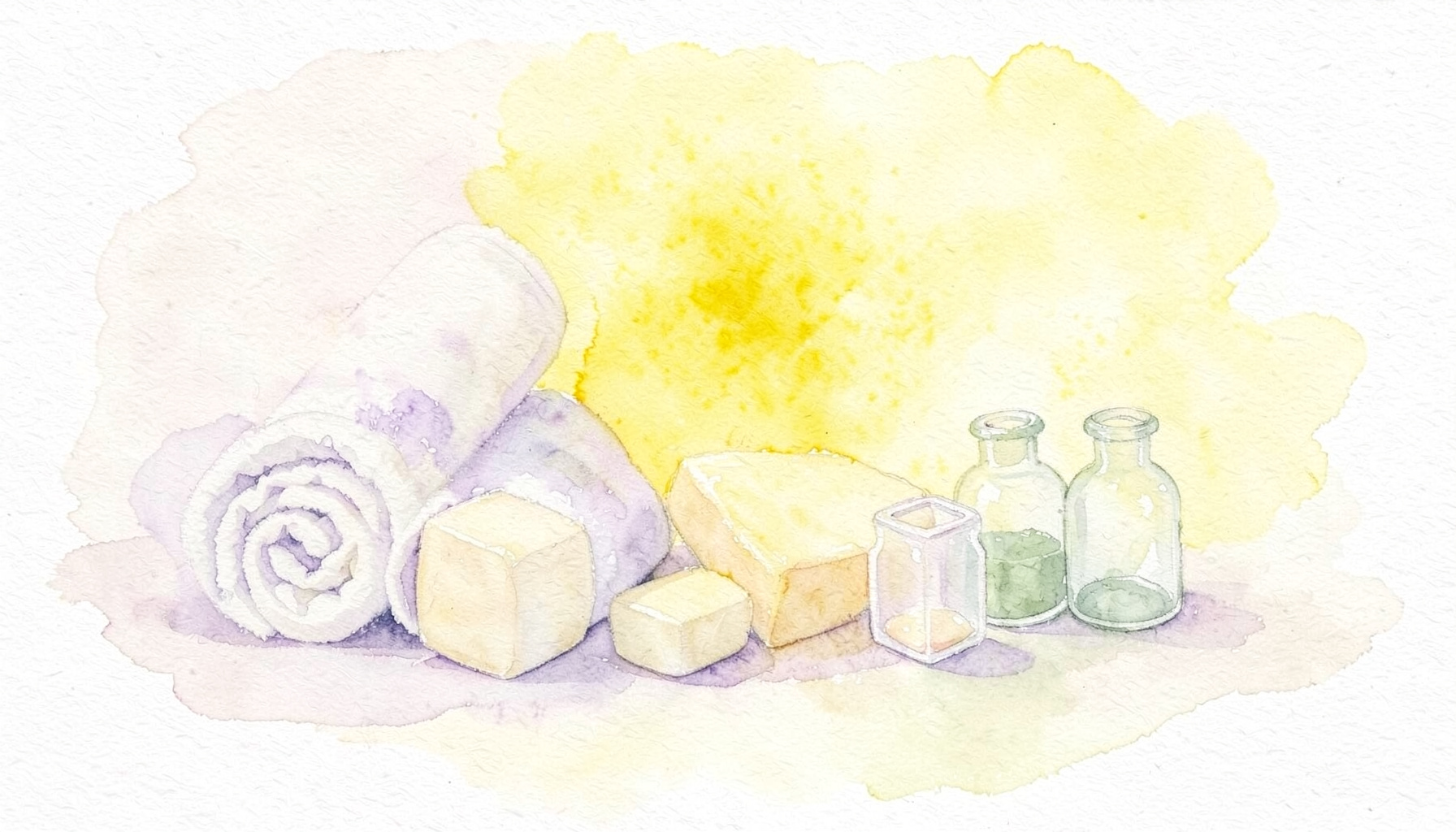 A gentle watercolour of rolled towels, soap bars, and small glass bottles in cream, lavender, and sage tones.