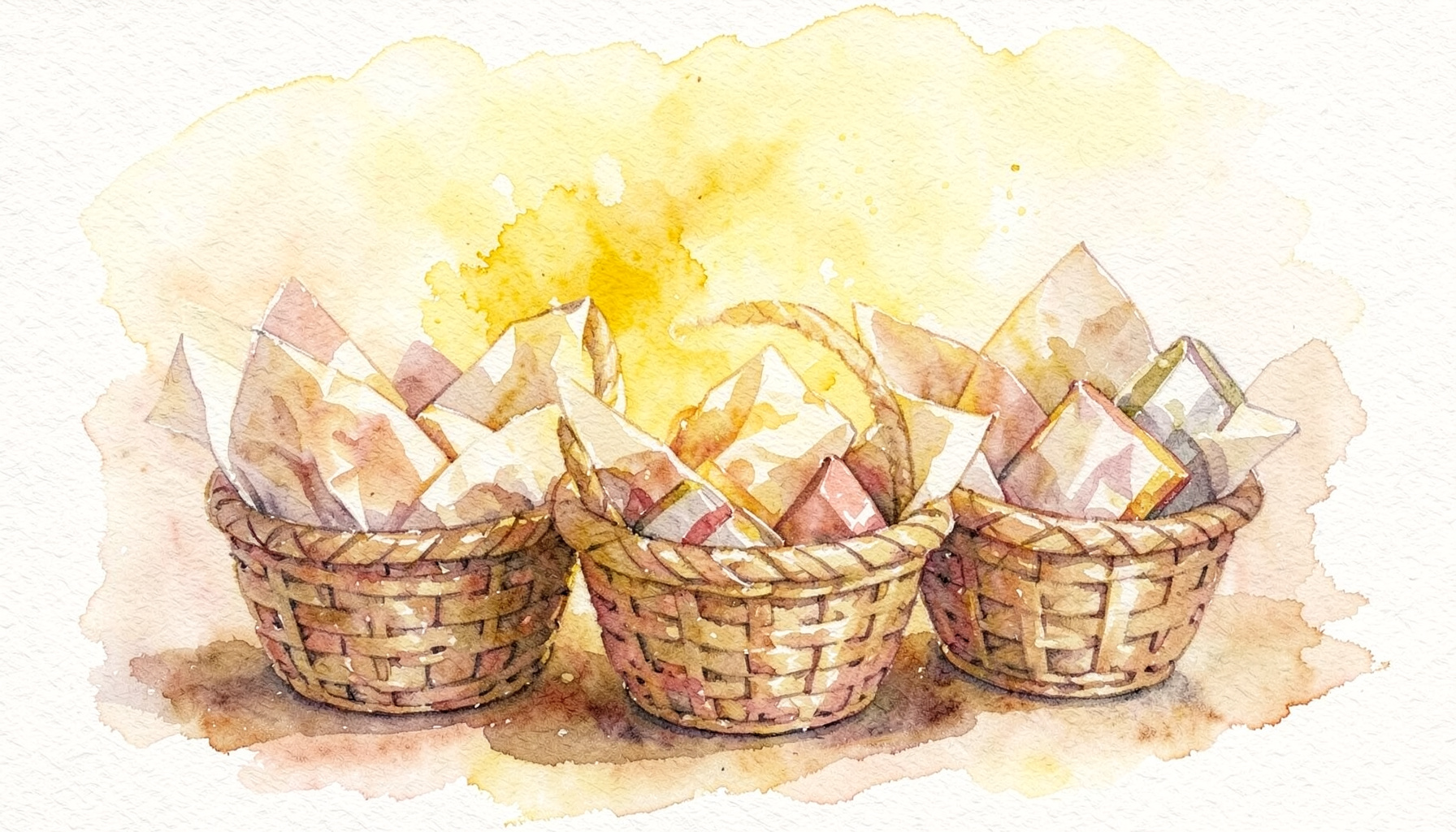 A soft watercolour of woven gift baskets in warm browns and golds, nestled with tissue paper and small wrapped items.