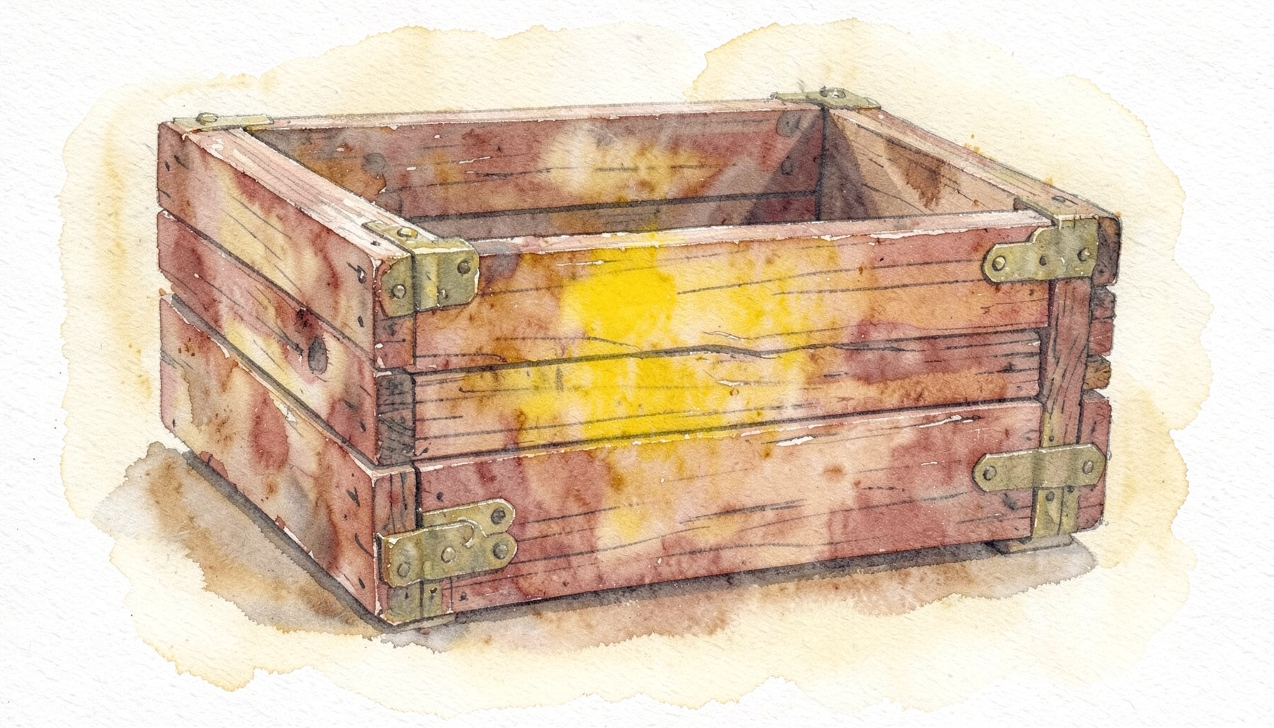 A watercolour painting of a reclaimed redwood crate with brass hinges, painted in muted earth tones with a subtle golden wash.