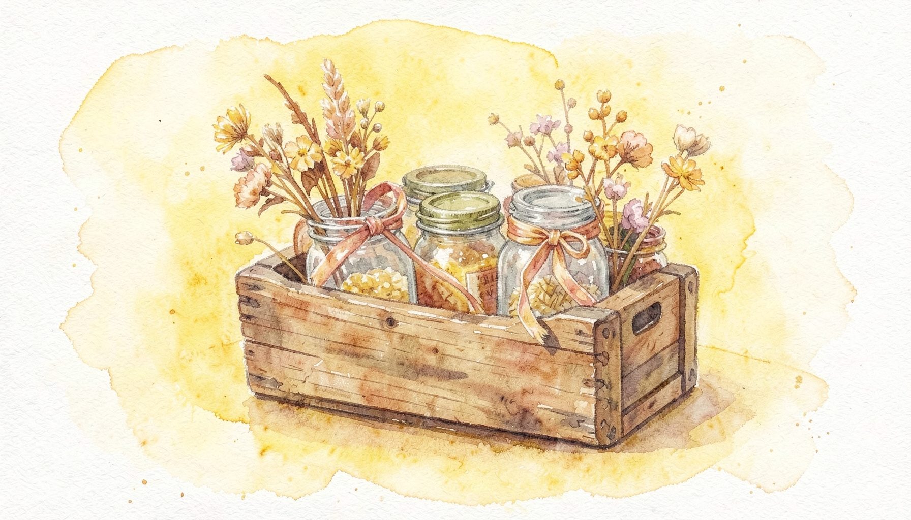 A warm watercolour painting of a handcrafted wooden crate filled with artisanal jars, dried flowers, and ribbon, set against a soft cream background with golden accents.