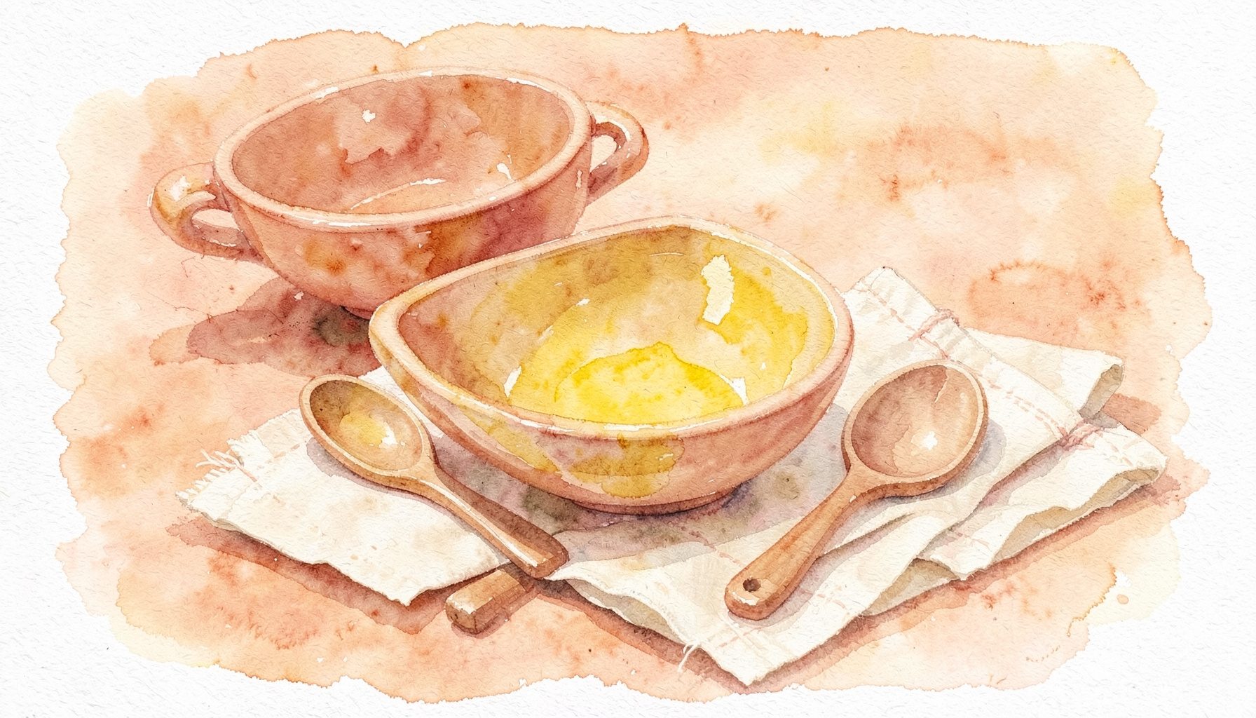 A watercolour still life of ceramic bowls, wooden spoons, and linen napkins in warm terracotta and cream hues.
