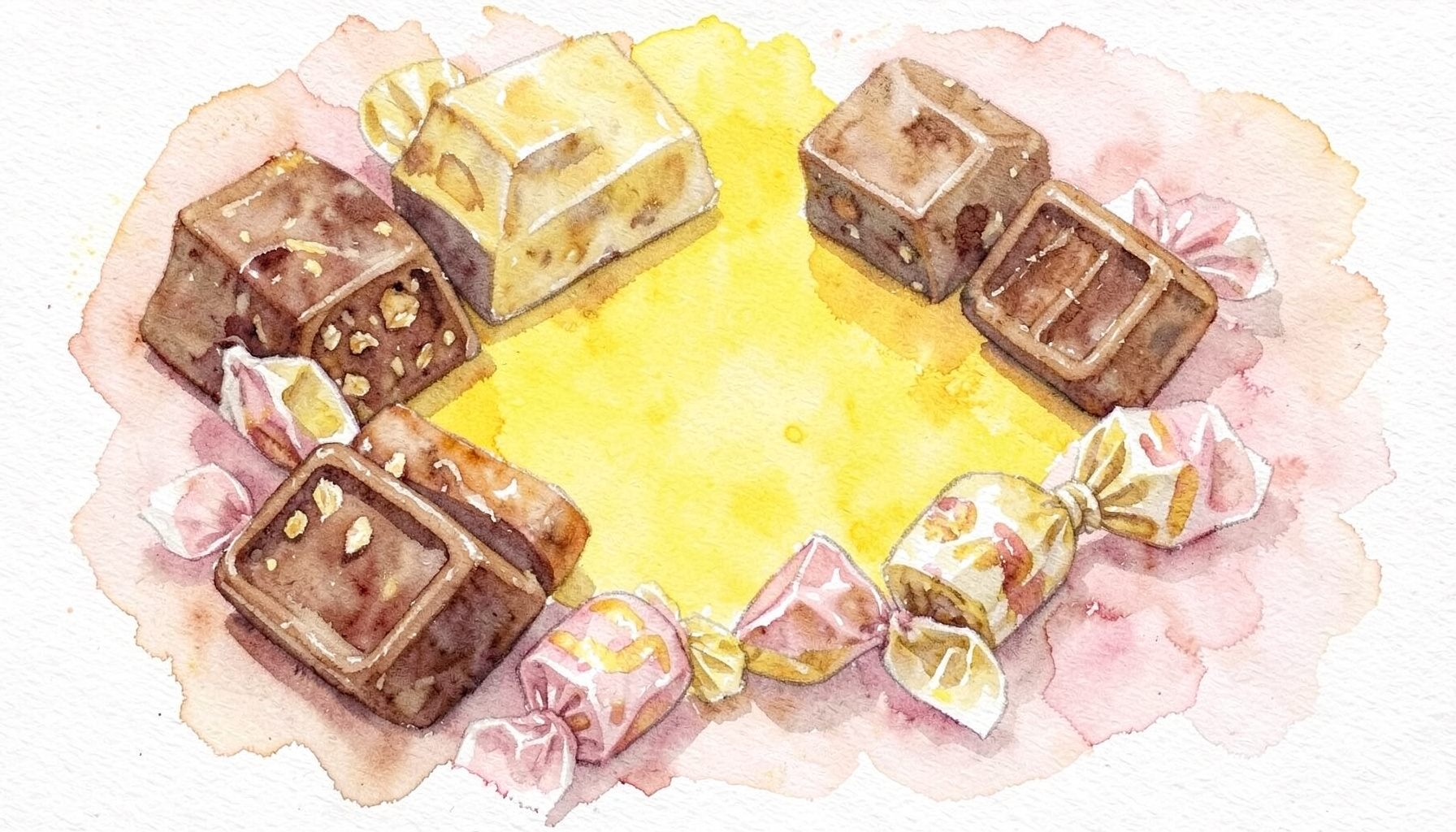 A soft watercolour of chocolates, caramels, and wrapped candies in rich browns, golds, and blush pinks.