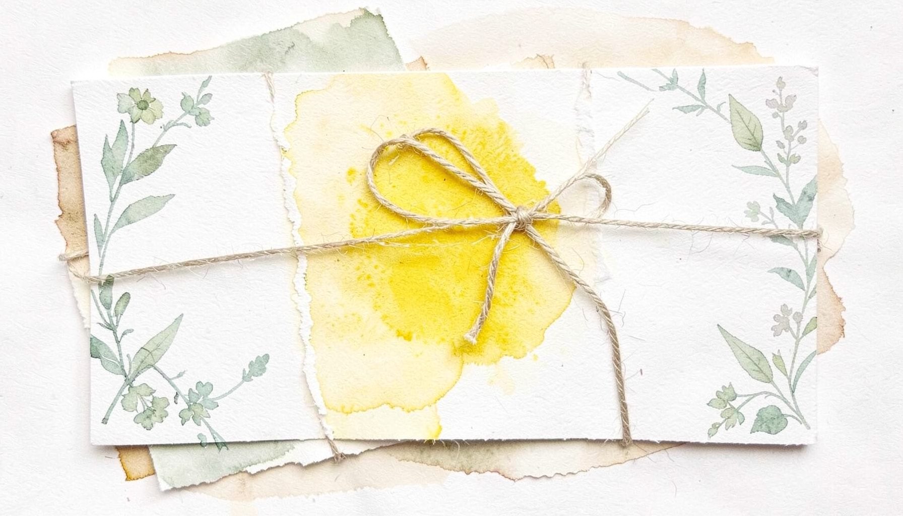 A watercolour of blank greeting cards with botanical motifs, tied with twine in muted greens and creams.