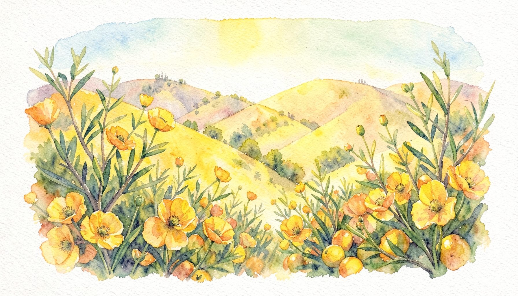 A watercolour of sunlit California hills with golden poppies, olive branches, and citrus in warm yellows and greens.