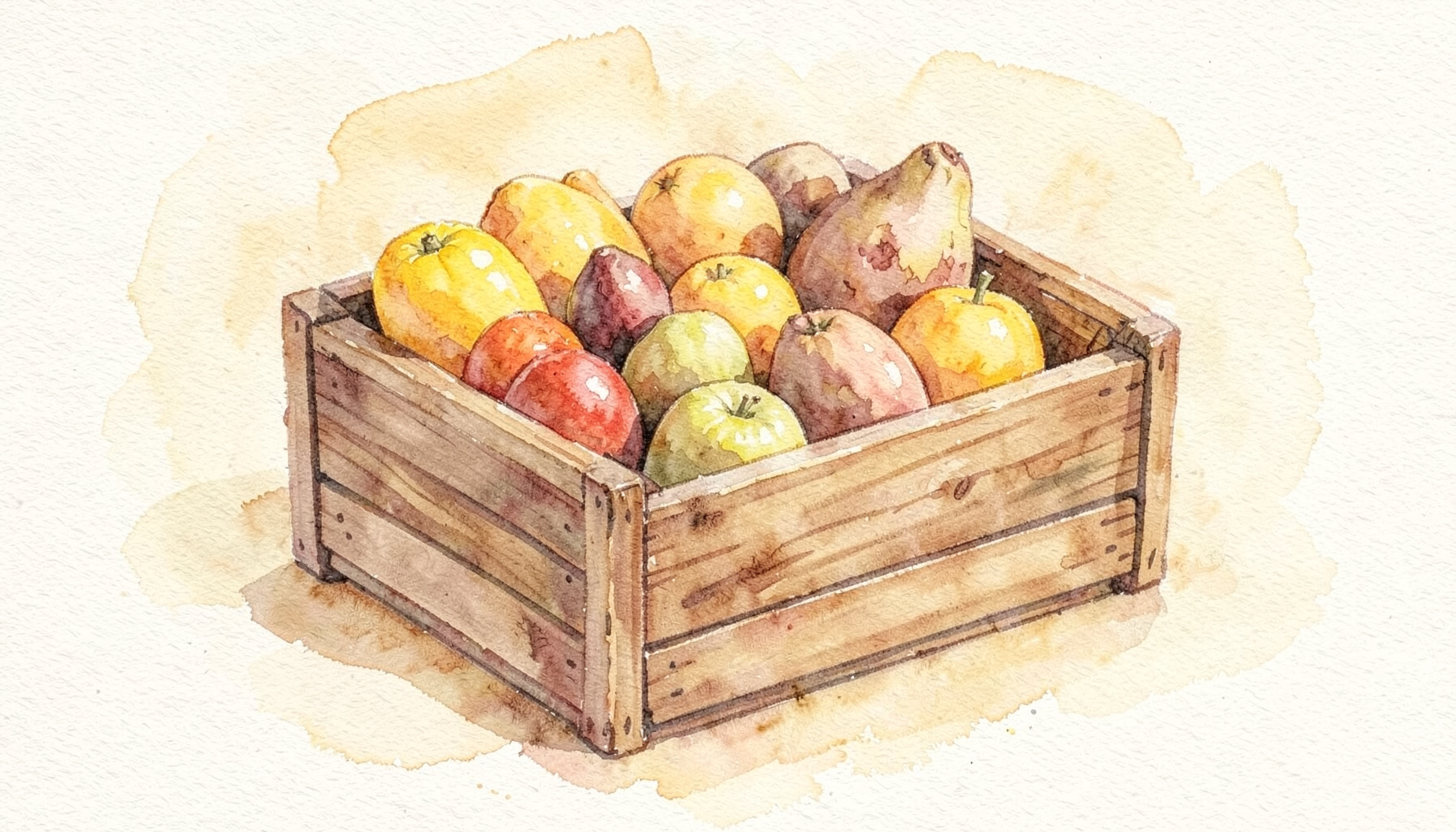 A soft watercolour painting of a handcrafted wooden crate filled with colorful local products, warm browns and golden yellows against a cream background, conveying warmth and artisan care.